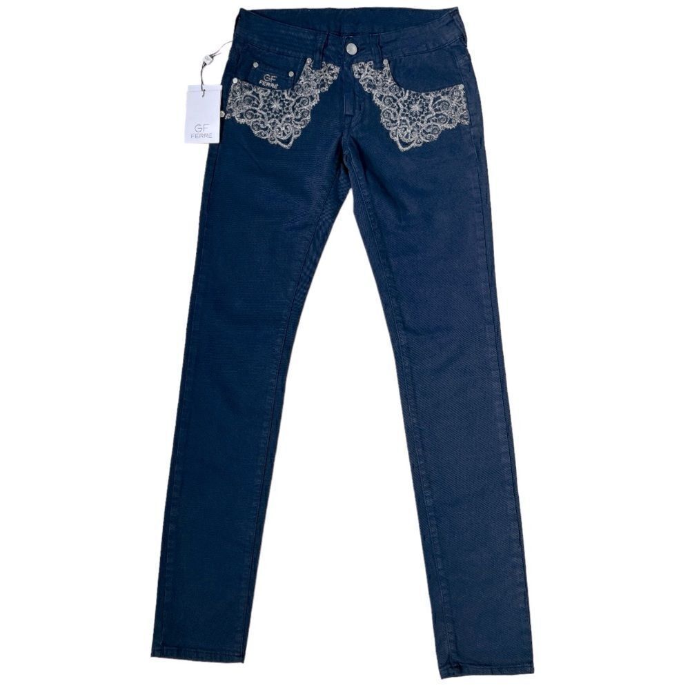GF Ferré Blue jeans Low Waist Skinny Leg Embroidery Silver Metallic Decor Sz25.